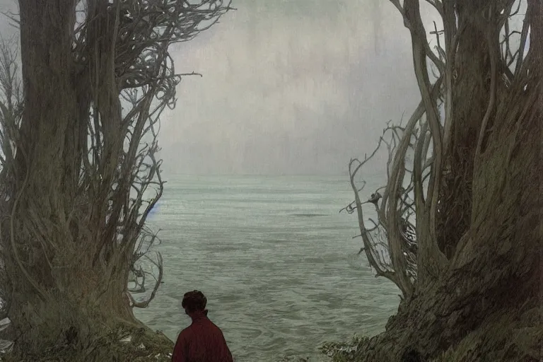 Prompt: a grey mushy organic leviathan rising from the water at a sea shore, foggy day, cinematic scene, matte paitning, grey shift, scp, art by caspar david friedrich and alphonse mucha