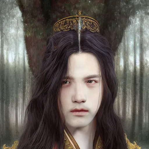 Image similar to a portrait of a young beautiful prince, golden eyes, long black hair, white hanfu, elegant, intricate, backlit, incredible lighting, strong rim light, subsurface scattering, photorealistic, epic beautiful landscape, cherry trees, highly detailed, digital painting, by Heise Jinyao, Heise-Lian Yan Fang, Feimo, Rossdraws, HDRI, vivid colors, high contrast, 8k