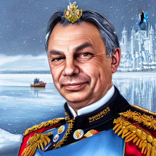 Image similar to an extremely realistic portrait depicting the coronation of hungarian prime minister viktor orban dressed in royal national costume, on the frozen danube, detailed, intricate, elegant, highly detailed, digital painting, artstation, concept art, smooth, sharp focus, illustration,