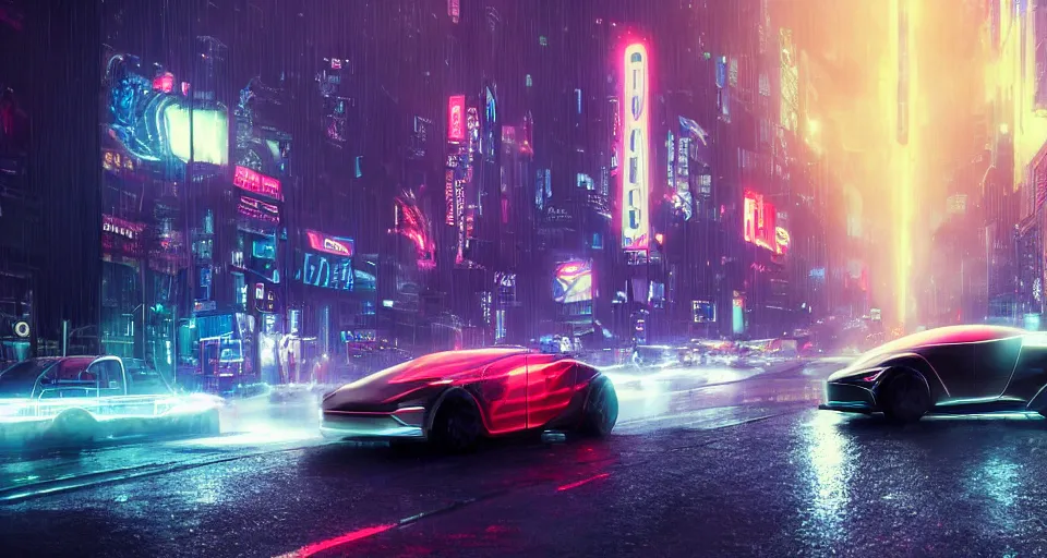 Prompt: a 2 8 mm closeup photo of a tesla tron cybertruck driving a on wet city street with lots of traffic at night, intricate, speed, action, need for speed, hyper detailed, smooth, high contrast, neon, volumetric lighting, octane, moebius, greg rutkowski, blade runner, ripley scott, synthwave, mad max, cinematic