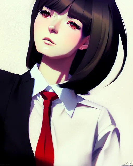 Prompt: a ultradetailed beautiful portrait panting of a stylish woman wearing a shirt with a tie, by ilya kuvshinov, greg rutkowski and makoto shinkai, trending on artstation