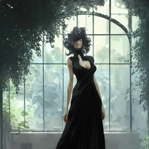 Image similar to portrait of a woman in a black dress standing in an elegant greenhouse garden, dramatic lighting, illustration by greg rutkowski, yoji shinkawa, 4 k, digital art, concept art, trending on artstation