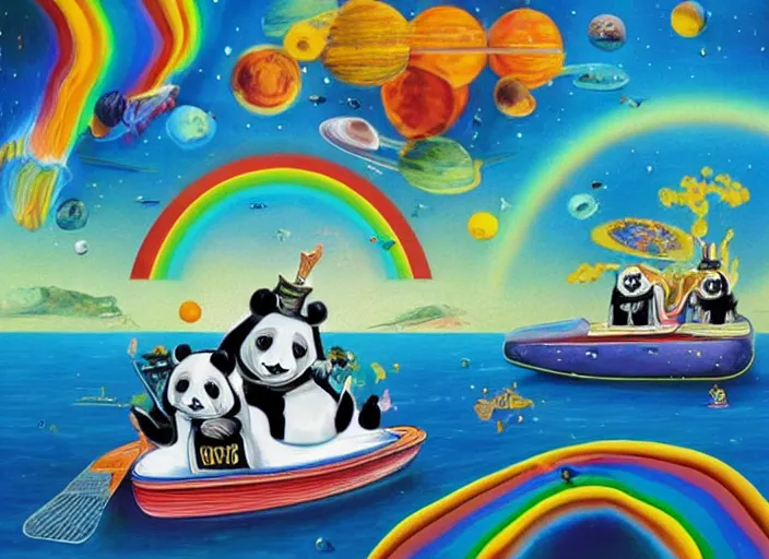 Prompt: “ an entire family of pandas in tuxedos and dresses riding in a speedboat with yung gravy on a rainbow in outer space. created in the style of salvador dali. high detail. ”