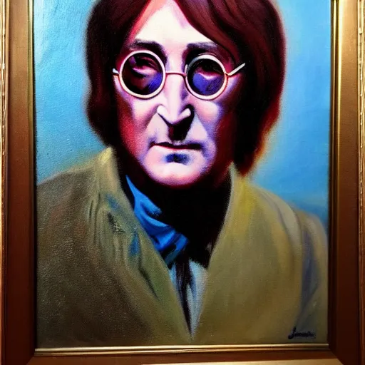 Prompt: 80 year old John Lennon, oil painting, dramatic lighting, framed,