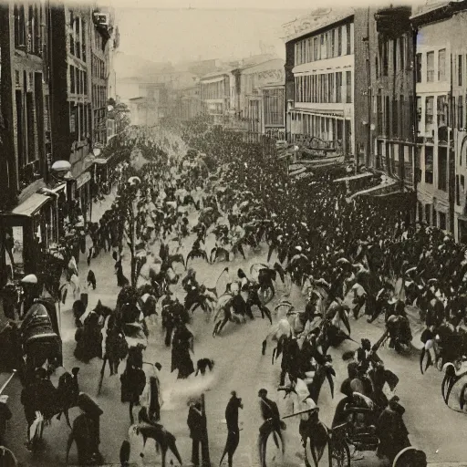 Prompt: grainy 1800s photo of a crowded city street with flying drones above