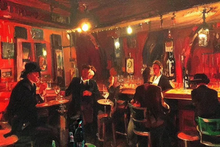 Prompt: glam rockers drinking wine, inside a green saloon with red lights by joaquin sorolla, greg rutkowski, bill sienckiwicz, extremely detailed