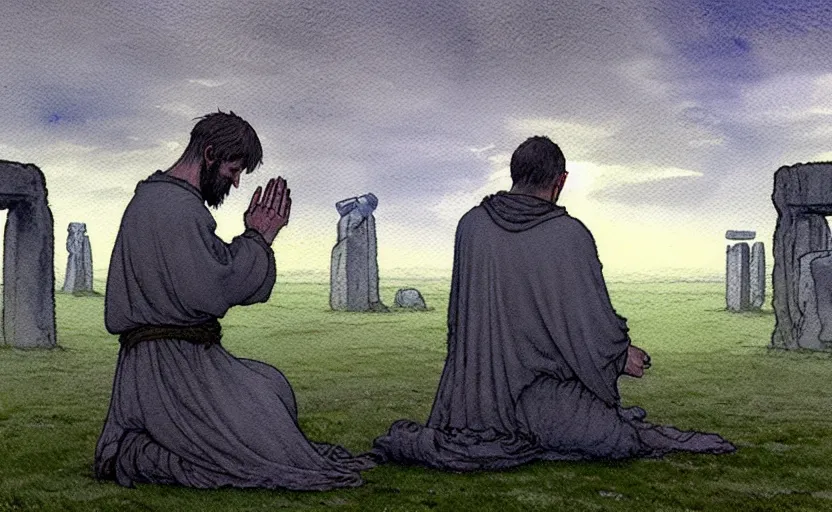 Image similar to a hyperrealist watercolour character concept art portrait of one small grey medieval monk kneeling in prayer as stonehenge rocks float in the air above him. it is a misty night. by rebecca guay, michael kaluta, charles vess and jean moebius giraud