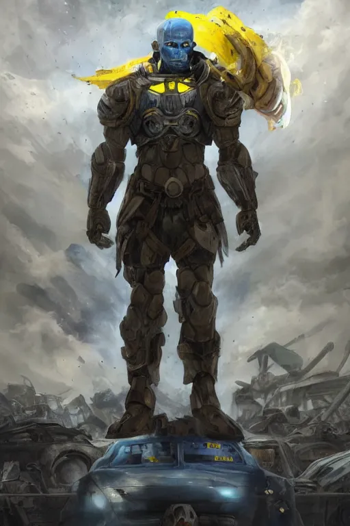 Image similar to a full body shot from distance of a super soldier with a Ukrainian blue and yellow stripes flag standing in the beam of light from the clouds on a pile of skulls and rotten cars as a winner, masculine figure, D&D, fantasy, intricate, elegant, highly detailed, digital painting, artstation, concept art, matte, sharp focus, symmetrical, illustration, hyperrealistic, super realistic, art by Artgerm and Greg Rutkowski and Alphonse Mucha