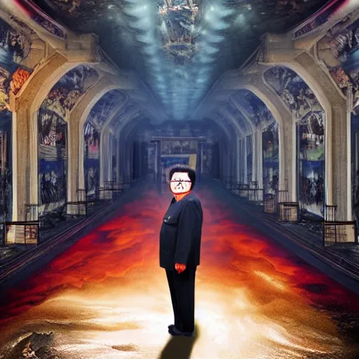 Image similar to full body pose, hyper - realistic photo of kim jong - il on parade in hell volumetric lighting, 8 k, octane perfectly detailed rendering, extremely hyper detailed, intricate, epic composition, cinematic lighting, masterpiece, trending artstation, very highly detailed, stunning, hdr, smooth, sharp focus, high resolution, award winning photo, dslr, 5 0 mm