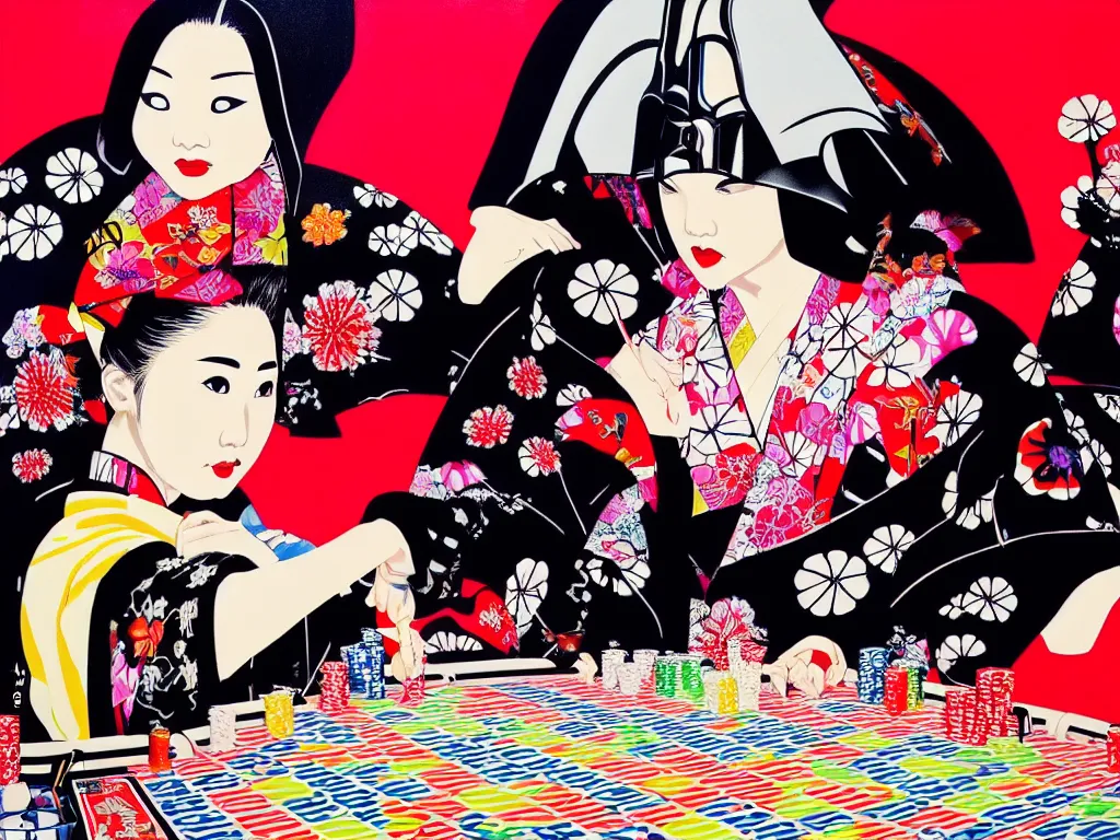 Image similar to hyperrealistic composition of the detailed woman in a japanese kimono sitting at a poker table with detailed darth vader, fireworks, mount fuji on the background, pop - art style, jacky tsai style, andy warhol style, acrylic on canvas