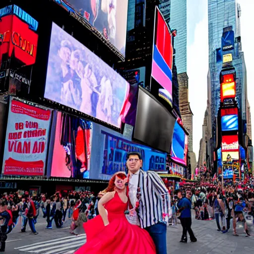 Prompt: v - j day in times square photograph with superman and wonder woman