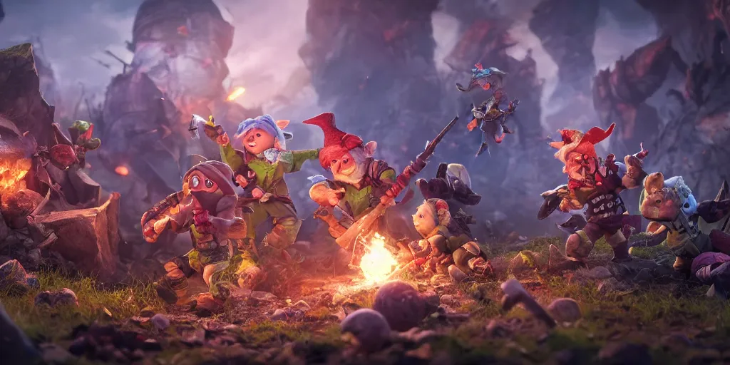 Image similar to An Epic gnome war, realistic 4k octane beautifully detailed render, 4k post-processing, highly detailed, intricate complexity, epic composition, magical atmosphere, cinematic lighting, masterpiece, ultra hd