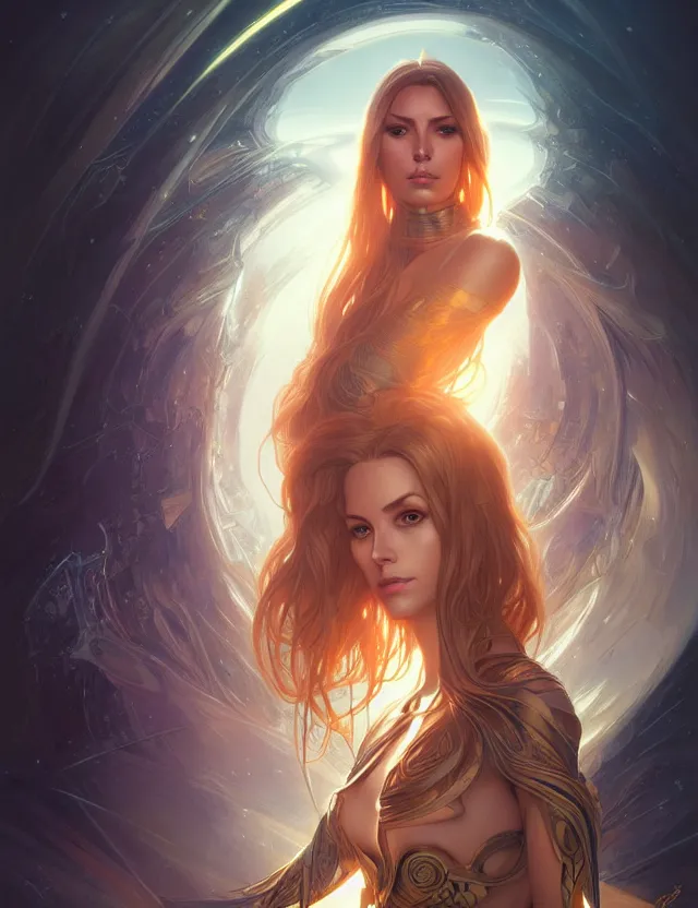 Image similar to futuristic woman portrait, sci-fi, amber eyes, face, long hair, fantasy, intricate, elegant, highly detailed, digital painting, artstation, concept art, smooth, sharp focus, illustration, art by artgerm and greg rutkowski and alphonse mucha