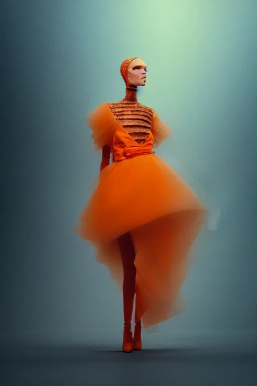 Prompt: a robotic model wearing haute couture from vintage chanel, macro photography, long exposure photograph, surrealism, anamorphic bokeh, cozy, soft light, orange and teal, caustic, atmospheric fog, octane render, cinematic