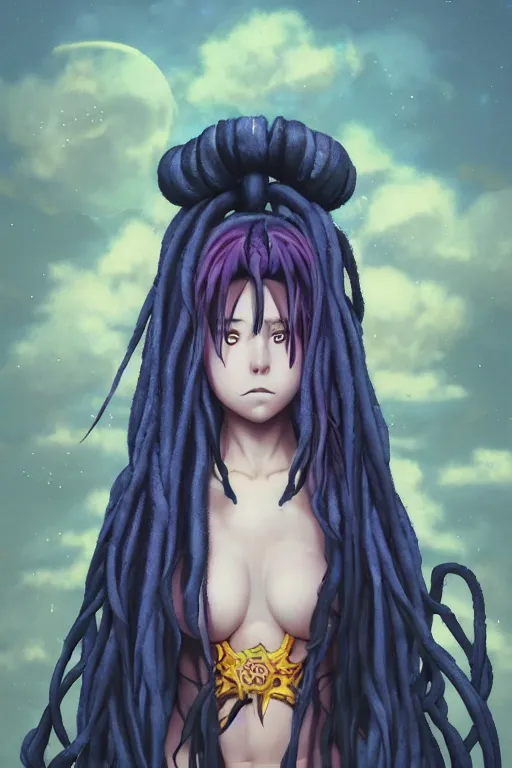 Prompt: portrait of an anime manga girl with floating yellow snake dreads, straight on, by artgerm, james jean, tom bagshaw, gerald brom, vaporwave colors, lofi colors, vaporwave, lofi, goth vibe, 4 k, smooth, hd, substance designer render, full body character concept art, symmetrical,