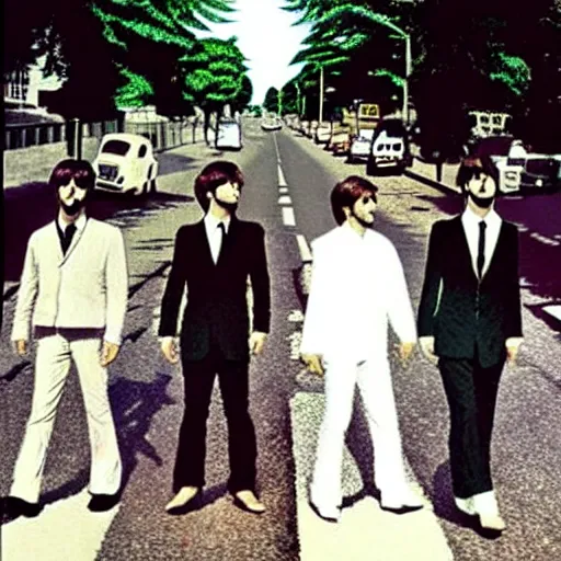 Prompt: iconic beatles album cover with llamas