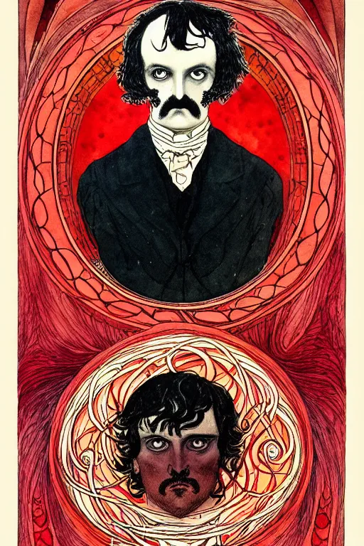 Image similar to realistic symmetrical portrait of edgar allen poe in the center of a red whirlpool frame, detailed art by kay nielsen and walter crane, illustration style, watercolor