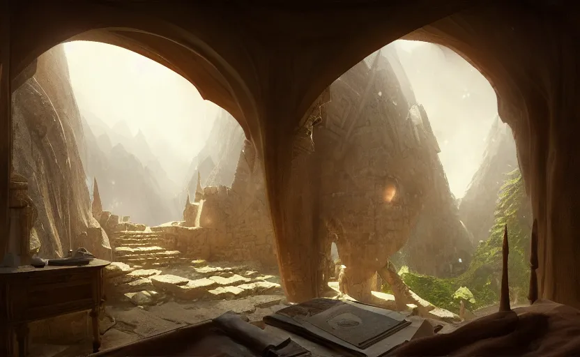 Image similar to painting of a series of a ring of bedrooms carved inside a mountain viewed from courtyard below, cozy bed, well maintained, clean, medieval, fantasy genre, natural light, fantasy, natural light, sharp focus, concept art, by greg rutkowski and craig mullins, cozy atmospheric and cinematic lighting, trending on artstation