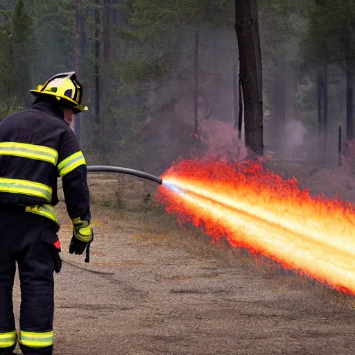 Image similar to photo of a firefighter using a flamethrower projecting a long flame