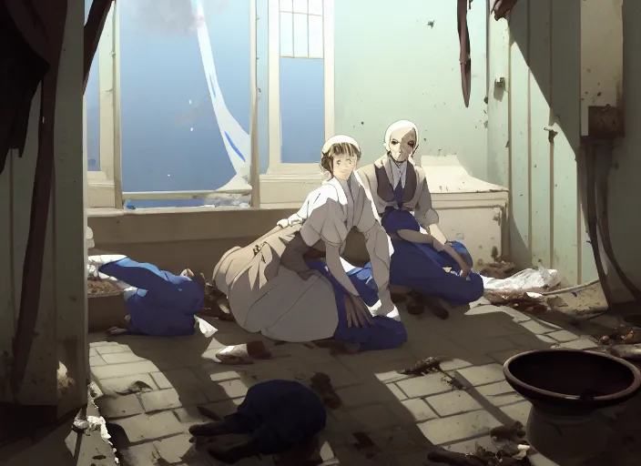 Prompt: 1 8 5 4 crimea, florence nightingale, army hospital in scutari, overcrowded, filthy, blocked drains, broken toilets, rats, wounded soldiers, sleep dirty floor, no blankets, finely detailed perfect art, gapmoe yandere grimdark, trending on pixiv fanbox, painted by greg rutkowski makoto shinkai takashi takeuchi studio ghibli