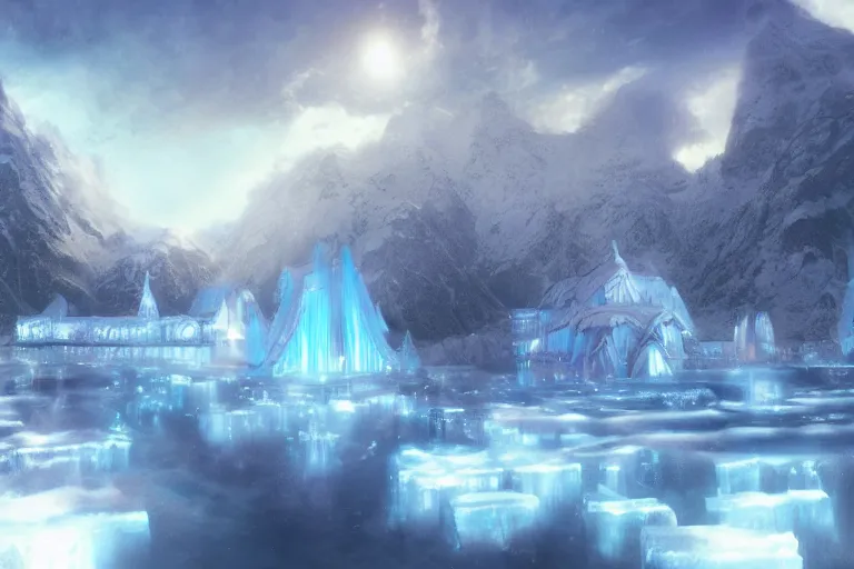 Prompt: cold majestic dream ice palace in the heaven mountains | artstation scenery art | volumetric lighting | makoto shinkai