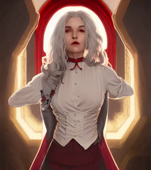 Prompt: a female vampire a golden waistcoat, red shirt, grey hair, red necktie, cinematic, stunning, highly detailed, digital painting, artstation, smooth, hard focus, full body shot, illustration, art by artgerm and greg rutkowski and alphonse mucha