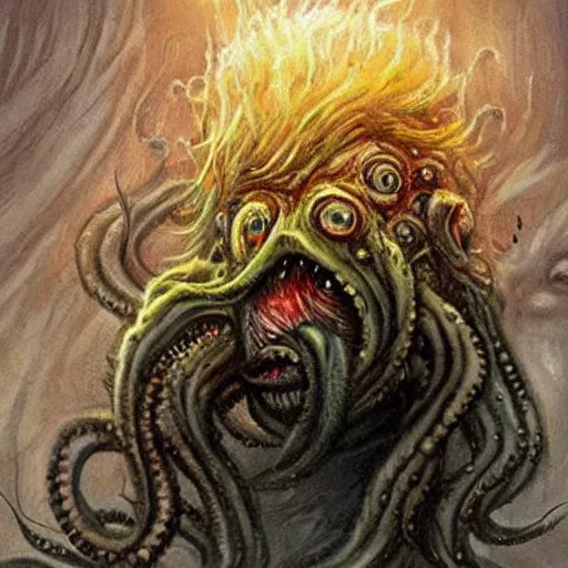 Image similar to donald trump turning into a horrible horrific cthulu lovecraftian monster in the style of greg rutkowski