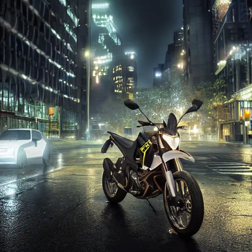 Image similar to highly detailed, photo realistic, drz 4 0 0 s at night in the rain driving on a city street, dense fog, unreal engine, by greg rutowski, by stanley artgerm, by alphonse mucha