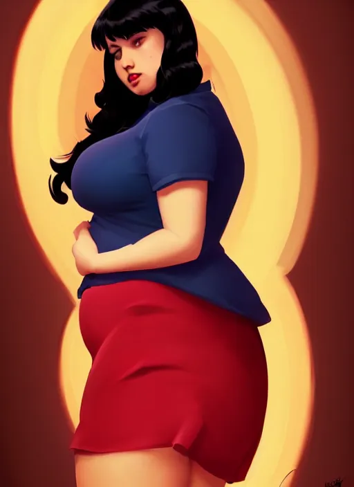 Image similar to full body portrait of teenage veronica lodge, obese, bangs, sultry, realistic, sultry smirk, wavy hair, red skirt, fat, belly, intricate, elegant, glowing lights, highly detailed, digital painting, artstation, concept art, smooth, sharp focus, illustration, art by wlop, mars ravelo and greg rutkowski