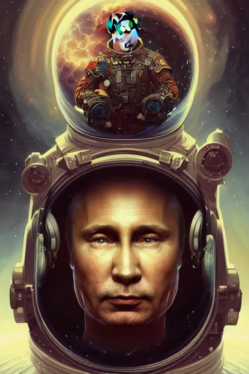 Image similar to Portrait of Putin in space, D&D, face, dark fantasy, intricate, elegant, highly detailed, digital painting, artstation, concept art, smooth, sharp focus, illustration, art by artgerm and greg rutkowski and alphonse mucha