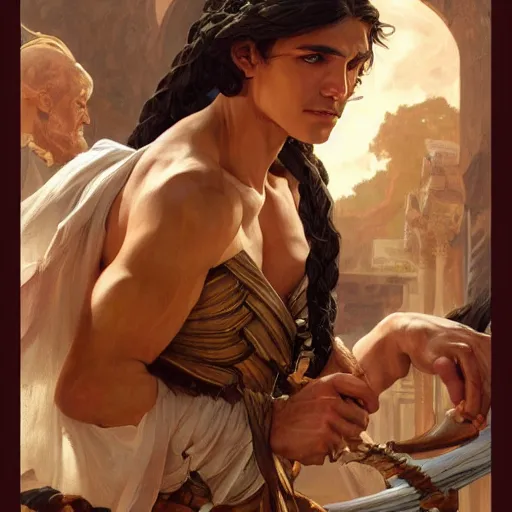 Prompt: dnd character concept portrait, arrogant ancient greek philosopher debating, detailed, high quality, dynamic lighting, fantasy, artwork by artgerm, wlop, alex ross, greg rutknowski, alphonse mucha