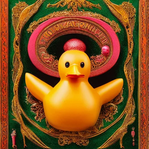 Image similar to a matte portrait of a highly decorated rubber duck with a dreamy expression, highly detailed, illustration in renaissance style