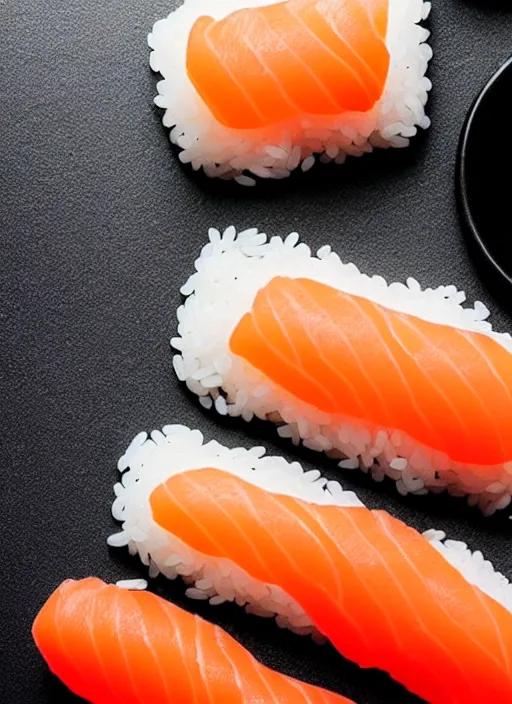 Image similar to clear photorealistic picture of simple cute cat paws made from sushi rice, sitting on sushi plates with garnish