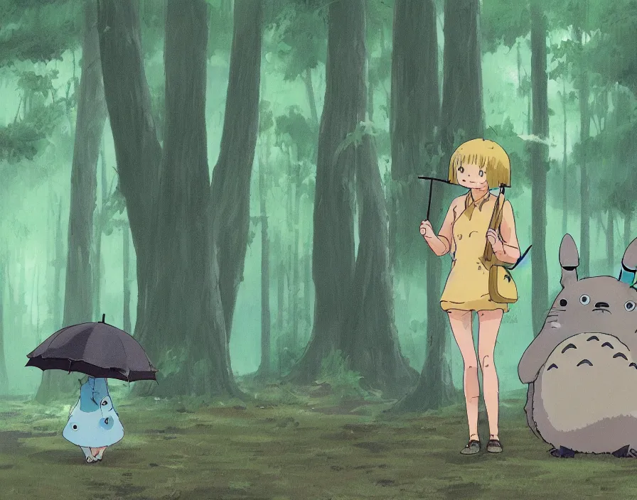 Prompt: A female Retzling with short blond air, standing with Totoro at a japanese bus stop, holding an umbrella, in the dark forest, rainy night, film screenshot, Studio Ghibli, Hayao Miyazaki,trending on artstation, —TEST