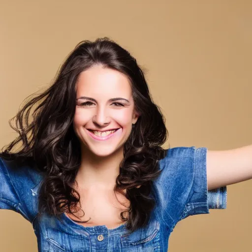 Image similar to a beautiful studio photo portrait of a long haired brunette woman, happy and smiling, dynamic pose