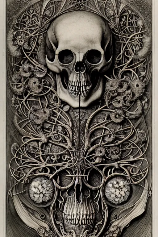 Image similar to art forms of nature by ernst haeckel, memento mori by arthur rackham, ornate antique porcelain beautiful skull mask, ultrasharp, photorealistic, hyperdetailed, octane render, polished, art nouveau, neo - gothic, gothic, intricate ornamental organic filigree, art nouveau botanicals, art forms of nature by ernst haeckel, horizontal symmetry, symbolist, visionary