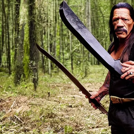 Prompt: beautiful danny trejo with machete in mystic forest