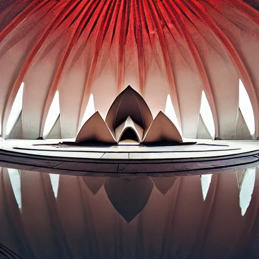 Prompt: eerie dark interior of a futuristic lotus temple with gold, red and white marble panels, shafts of sunlight in the centre, in the desert, by buckminster fuller and syd mead, intricate contemporary architecture with art nouveau motifs, photo journalism, photography, cinematic, national geographic photoshoot