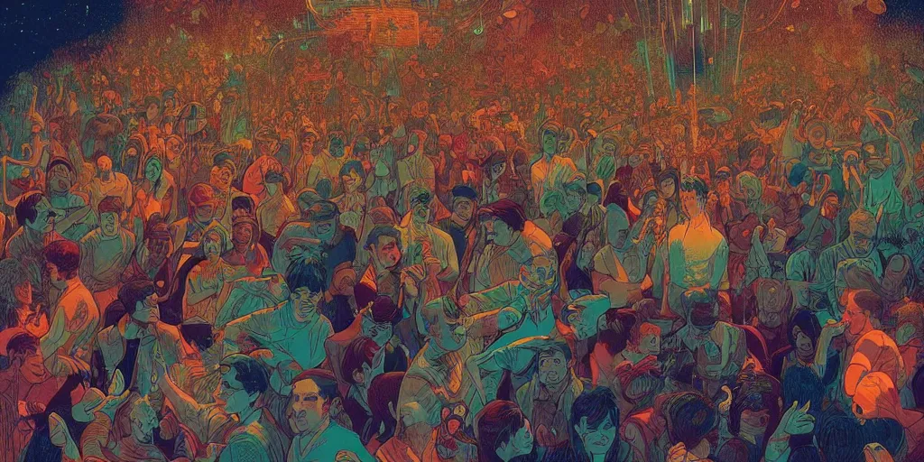 Prompt: concert crowd sloppy wasted at a bar, epic scene, by victo ngai, kilian eng vibrant colours, dynamic lighting, digital art, winning award masterpiece, fantastically beautiful, illustration, aesthetically inspired by beksinski and dan mumford, trending on artstation, art by greg rutkowski, 8 k