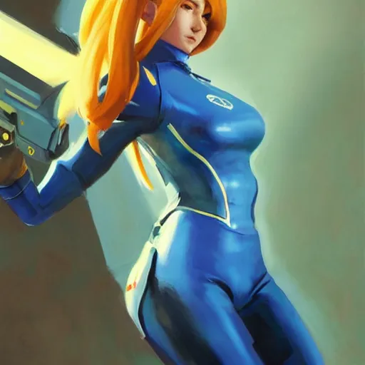 Image similar to greg manchess portrait painting of zero suit samus as overwatch character, medium shot, asymmetrical, profile picture, organic painting, sunny day, matte painting, bold shapes, hard edges, street art, trending on artstation, by huang guangjian and gil elvgren and sachin teng