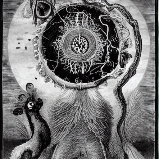 Image similar to furry freaky creature sings a unique canto about'as above so below'being ignited by the spirit of haeckel and robert fludd, breakthrough is iminent, glory be to the magic within