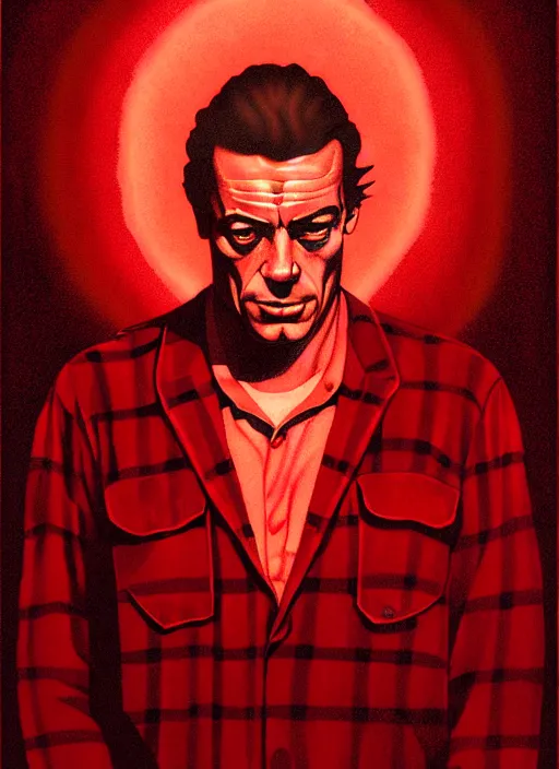 Image similar to Twin Peaks poster artwork by Michael Whelan and Bob Larkin, of portrait of Joe Rogan in red flannel, spotlight from the sky shining on him, from scene from Twin Peaks, clean, simple illustration, nostalgic, domestic