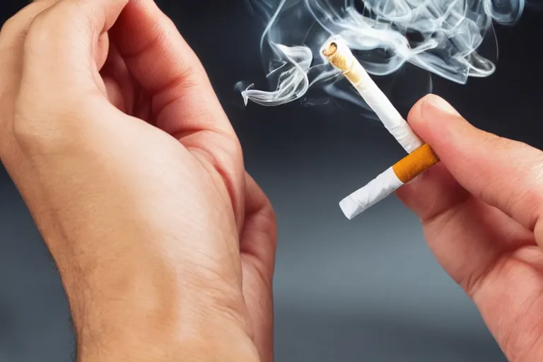 Image similar to Close-up of thin soft hand holding cigarette with smoke, hyper realistic, high details, photo, super resolution