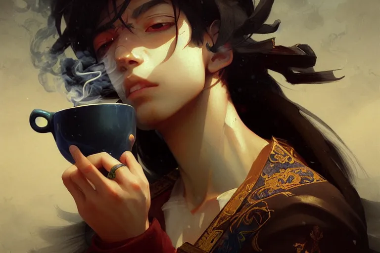 Image similar to mexican smoking weed and drinking coffee baroque oil painting finely detailed perfect face f anime shinkai takeuchi key visual of character concept art pixiv fanbox, painted by greg rutkowski