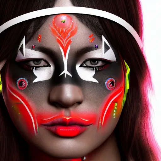 Prompt: a beautiful female indigenous warrior with futuristic face paint, neon ornamental markings, photorealistic, cinematic lighting, high resolution 4 k