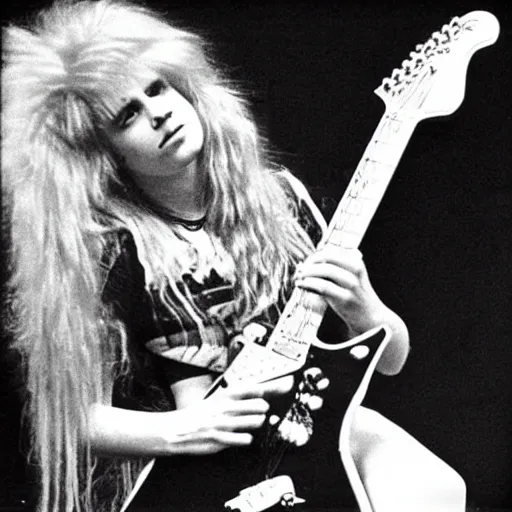 Prompt: 19-year-old woman holding electric guitar, long shaggy blonde hair, permed hair, New Wave of British Heavy Metal, live in concert, concert footage, Great Britain, 1979 photograph ,16mm photography