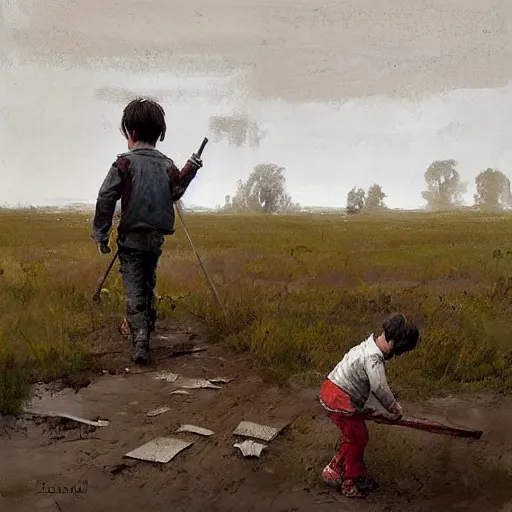 Prompt: painting by jakub rozalski of a child walking with a wheelbarrow in an abandoned post soviet town infested with root monsters