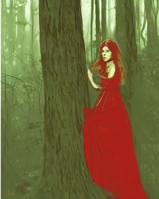 Image similar to a girl wearing red lost in the dark woods, 1 9 7 0 s, seventies, wallpaper, delicate embellishments, painterly, offset printing technique, by john howe, brom, robert henri, walter popp