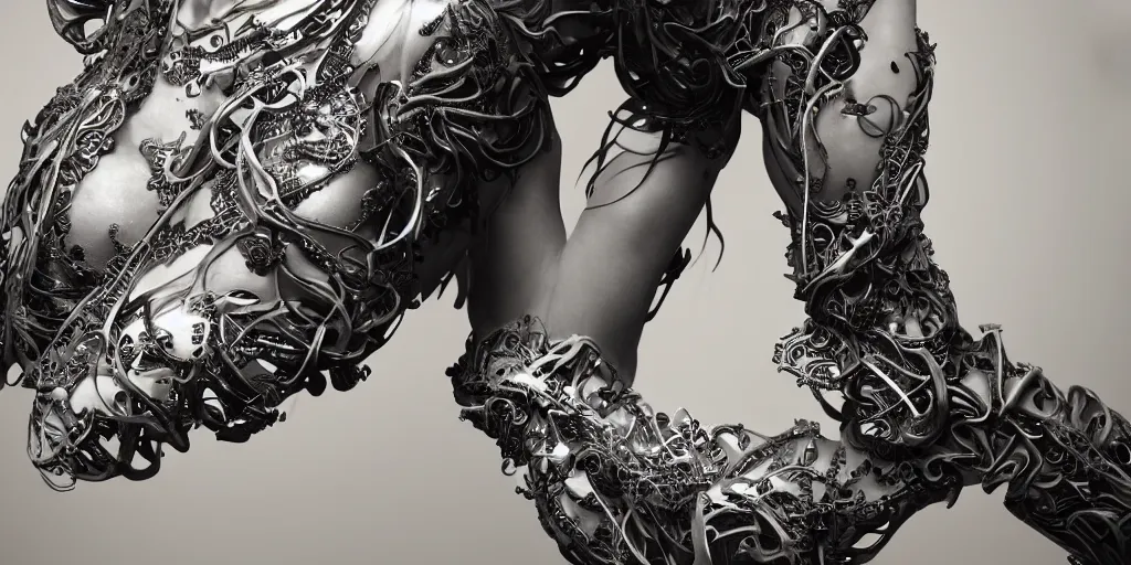 Prompt: hyper realistic photography of a stunningly beautiful cyborg female, plated arm, intimate, chest, holding close, ribbons, in the style of beth cavener, jin kagetsu,, and wlop, highly detailed, intricate filigree, symmetry, masterpiece, award winning, sharp focus, concept art, highkey lighting, ambient lighting, octane render, 8 k, artstation