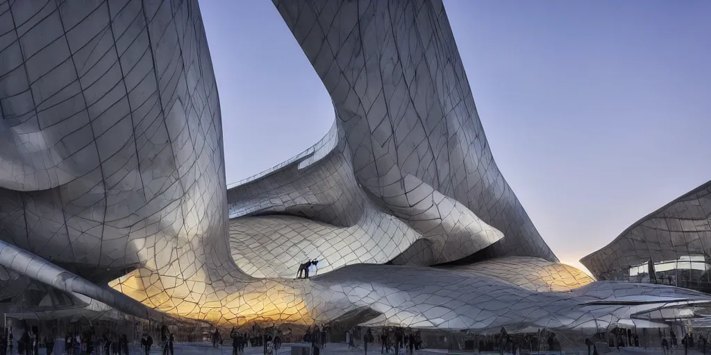 Image similar to extremely detailed stunning sophisticated beautiful elegant futuristic museum exterior by Zaha Hadid, Milan buildings in the background, smooth curvilinear design, stunning volumetric light, stainless steal, concrete, translucent material, beautiful sunset, tail lights